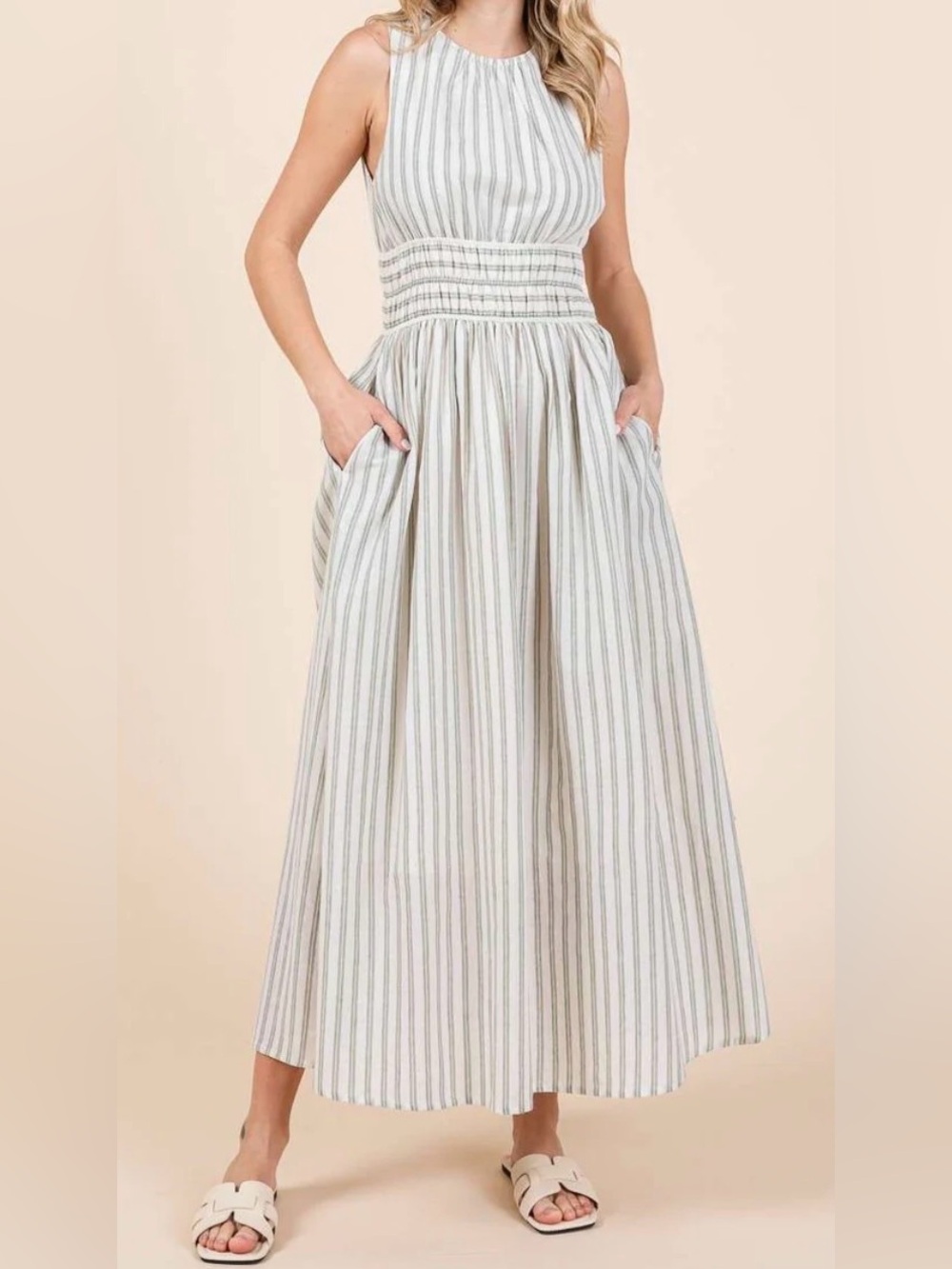 NWT Striped Sleeveless Maxi Dress in Sage and White